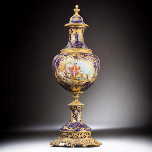 Sèvres Style Cobalt Blue Porcelain Covered Vase with Gilt Decoration & Figural Reserve, 52 cm / 20.5 in