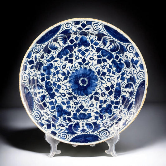 18th Century Dutch Delft Charger Plate Blue & White Hand Painted Floral Pattern 12.4"