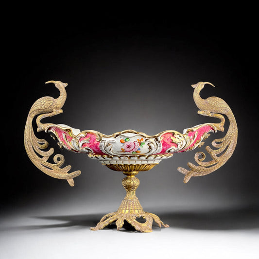 Large Peacock Centerpiece Bowl - Gilt Metal & Porcelain Table Jardinière - Hollywood Regency Style - 19.7 in / 50 cm