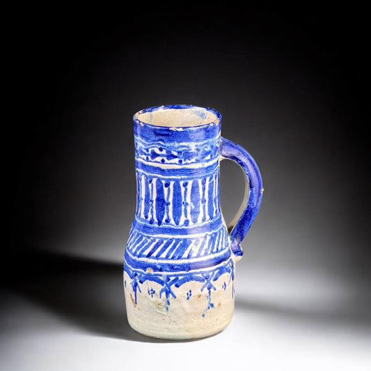North African Pottery Jug - Moroccan Style Hand Painted Blue White Earthenware Pitcher - 7.1 in / 18 cm