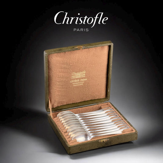 约1900-1950年Christofle茶匙套装，带原装巴约纳盒 - 11把法国镀银茶匙 - 5.5英寸